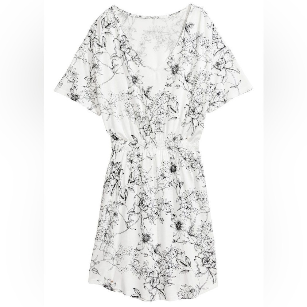 H&M Basics White & Black Floral Smock Jersey Dress Size Medium